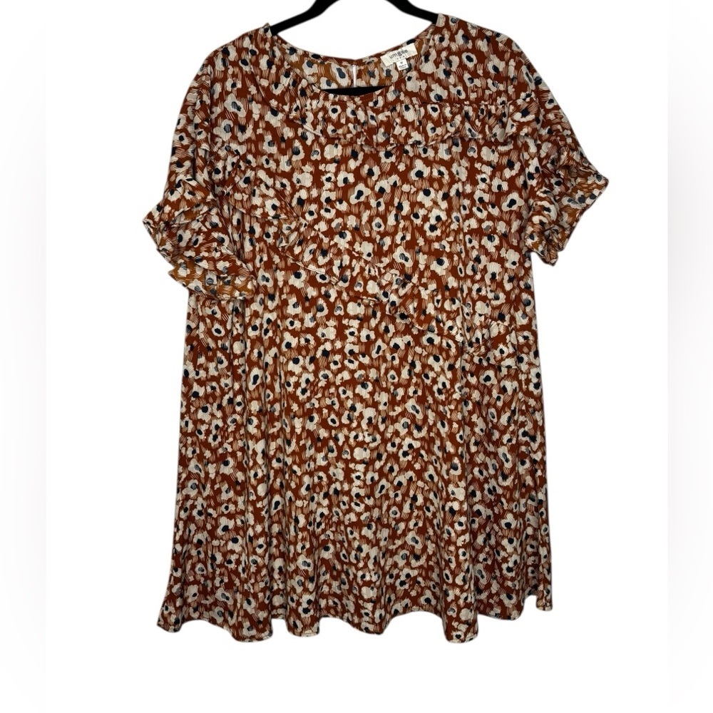 Umgee Rust Leopard Print Mini Dress Short Ruffled Sleeves Boxy Size Medium - Picture 1 of 10